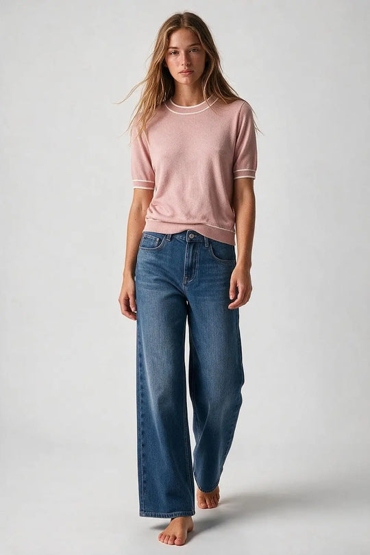 Light Pink Fine Knit Contrast Trim Crew Neck Short Sleeve sweater