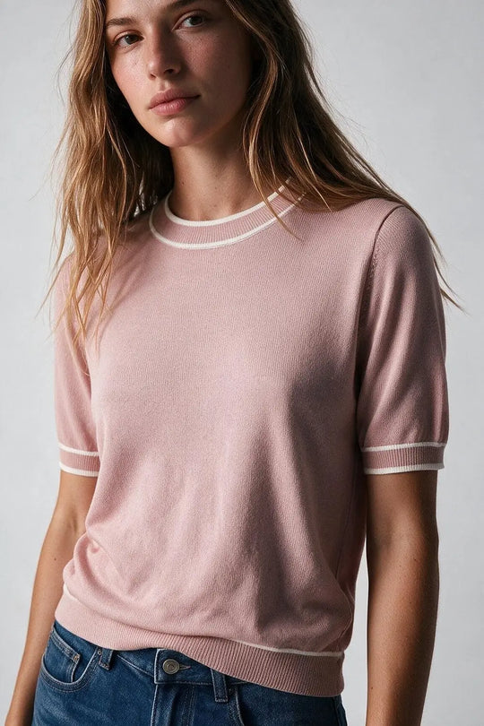 Light Pink Fine Knit Contrast Trim Crew Neck Short Sleeve sweater