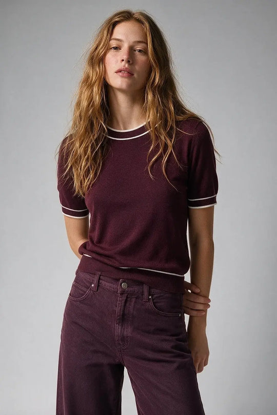 Burgundy Fine Knit Contrast Trim Crew Neck Short Sleeve sweater