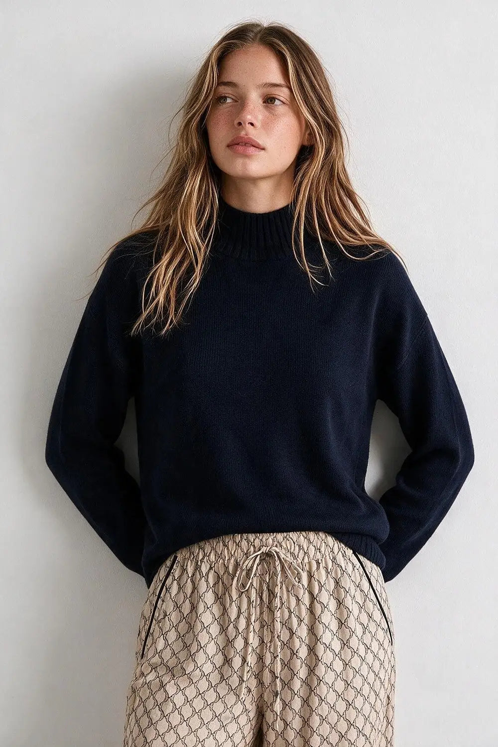 Navy chunky Knit Ribbed High Collar Long Sleeve Sweater
