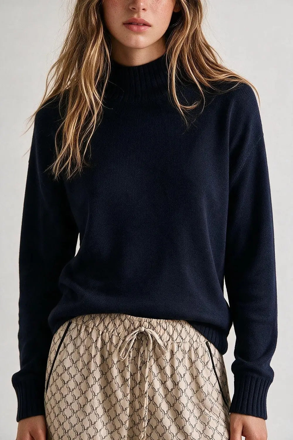 Navy chunky Knit Ribbed High Collar Long Sleeve Sweater
