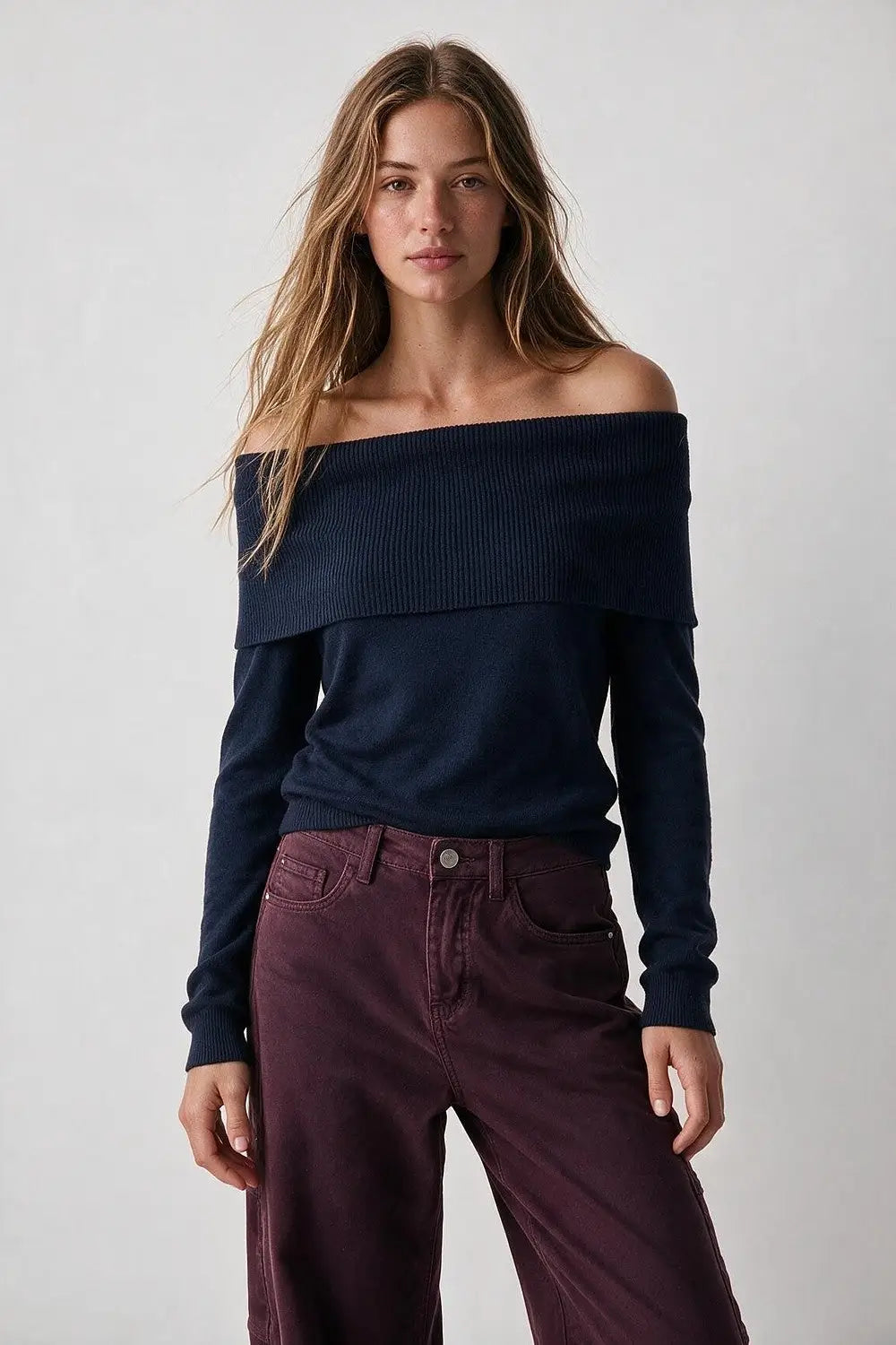 Navy Ribbed Knit Off Shoulder Foldover Sweater