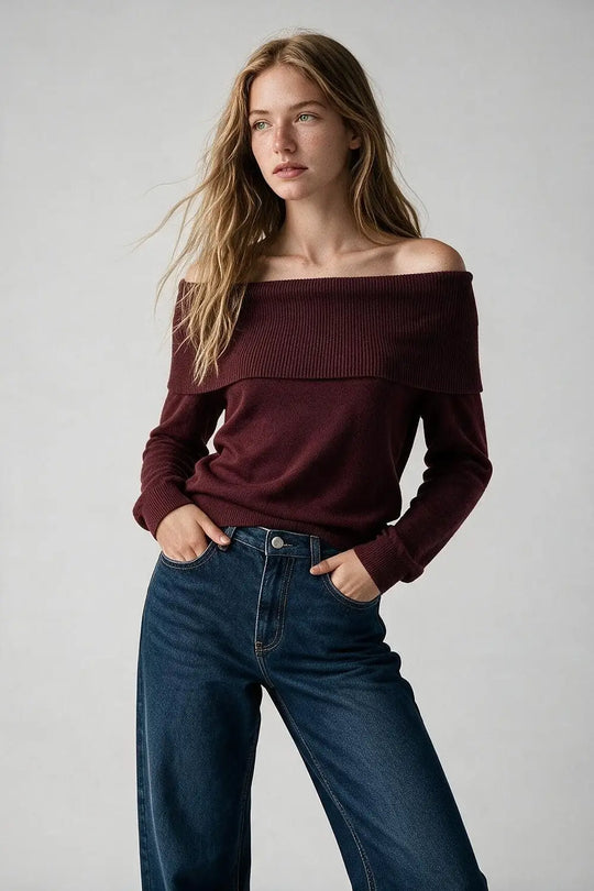 Burgundy Ribbed Knit Off Shoulder Long Sleeve Sweater