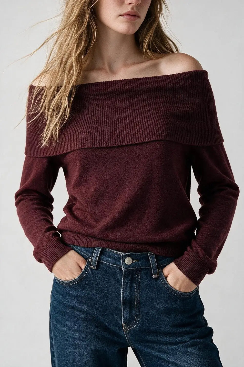 Burgundy Ribbed Knit Off Shoulder Long Sleeve Sweater
