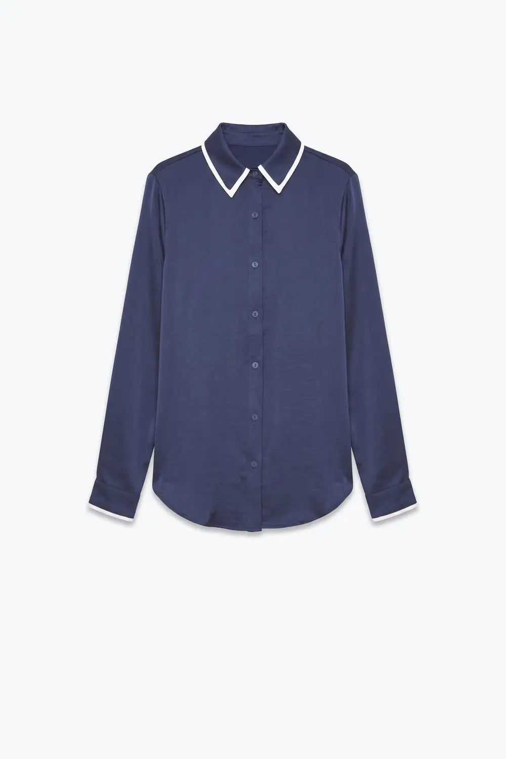 Navy Lightweight satin Contrast Collar Button Front Shirt