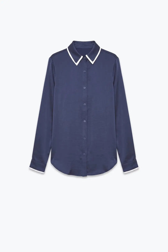 Navy Lightweight satin Contrast Collar Button Front Shirt