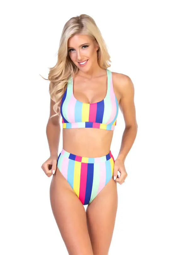 RAINBOW STRIPE STRETCH-KNIT BIKINI SET - S - One Piece