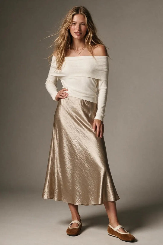 Beige shiny Satin Bias Cut Midi Length Skirt