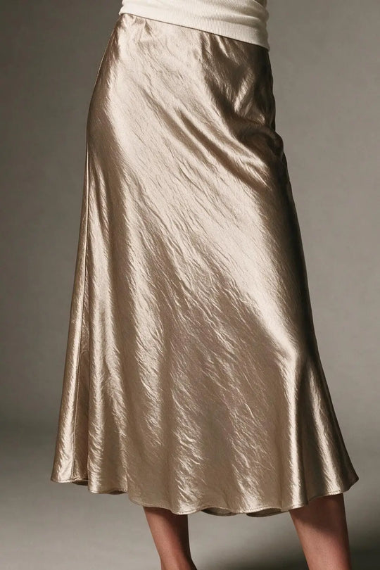 Beige shiny Satin Bias Cut Midi Length Skirt