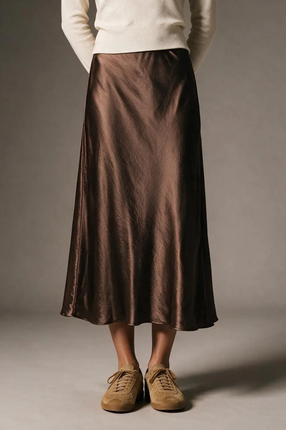 Brown shiny Satin Bias Cut Midi Skirt