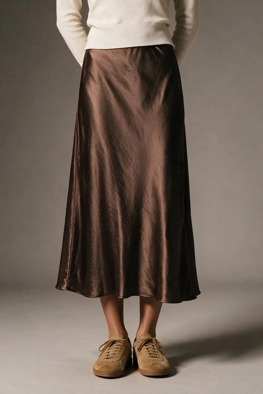 Brown shiny Satin Bias Cut Midi Skirt