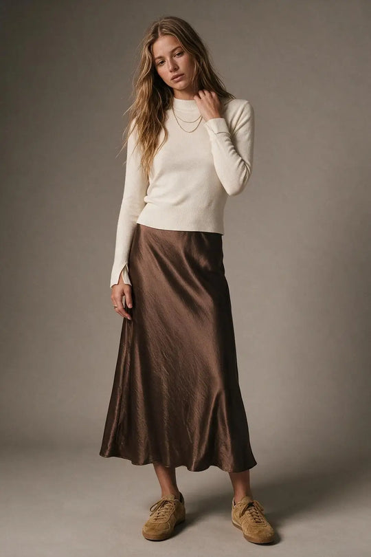 Brown shiny Satin Bias Cut Midi Skirt