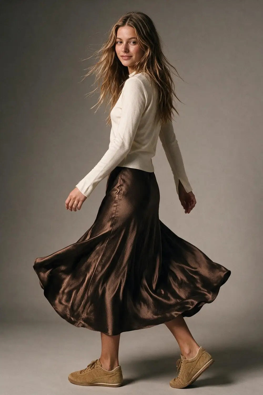 Brown shiny Satin Bias Cut Midi Skirt