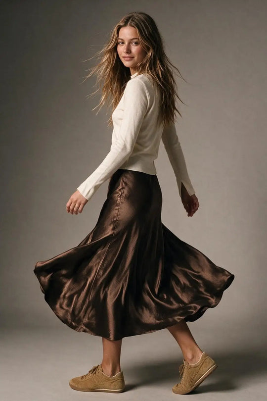 Brown shiny Satin Bias Cut Midi Skirt