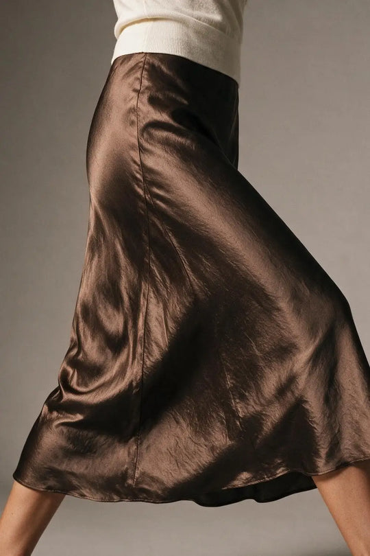 Brown shiny Satin Bias Cut Midi Skirt
