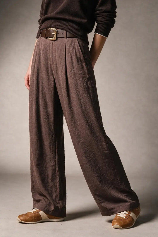 Brown shiny Textured Woven Belted Wide Leg Pants with Pleat Detail