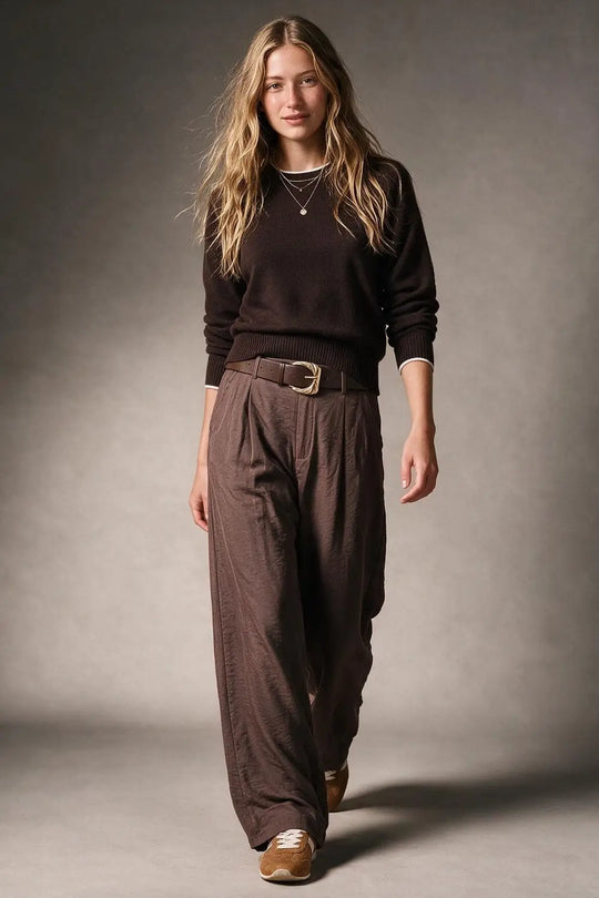 Brown shiny Textured Woven Belted Wide Leg Pants with Pleat Detail