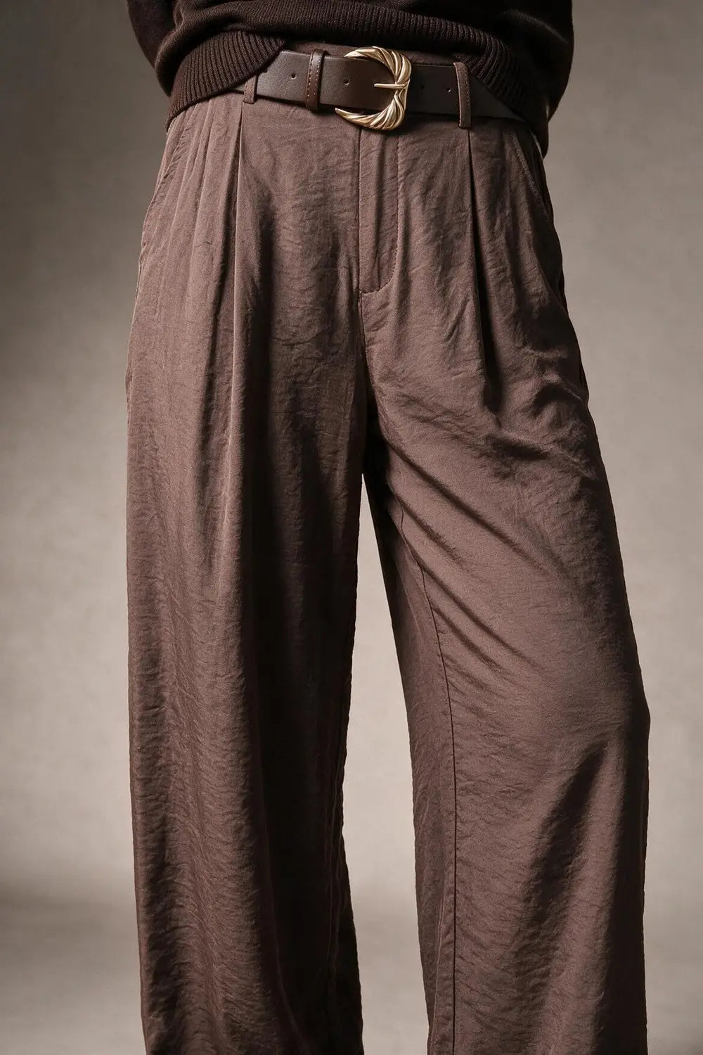 Brown shiny Textured Woven Belted Wide Leg Pants with Pleat Detail