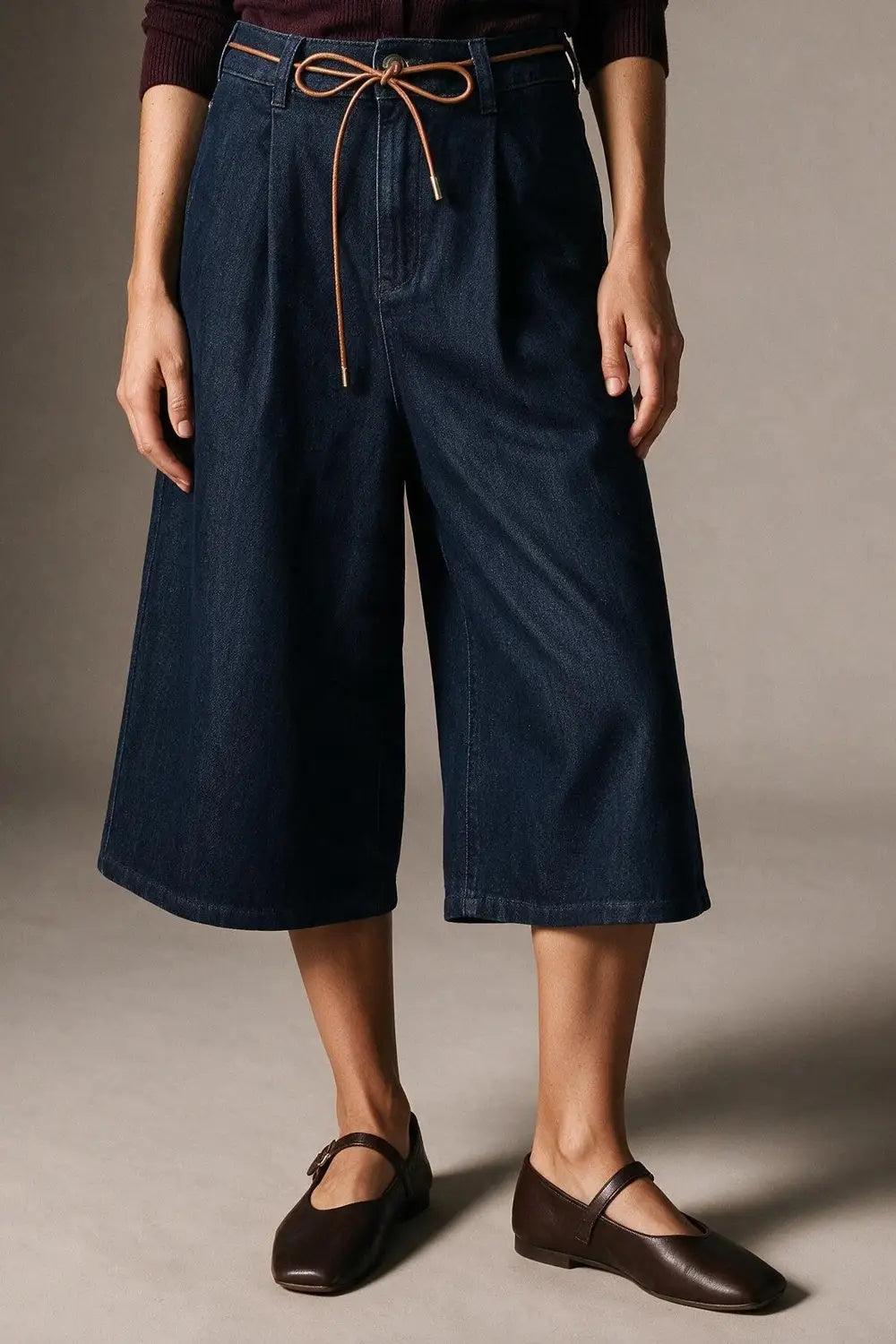 Wide-Leg Mid-Calf Denim Culottes with Tie Belt