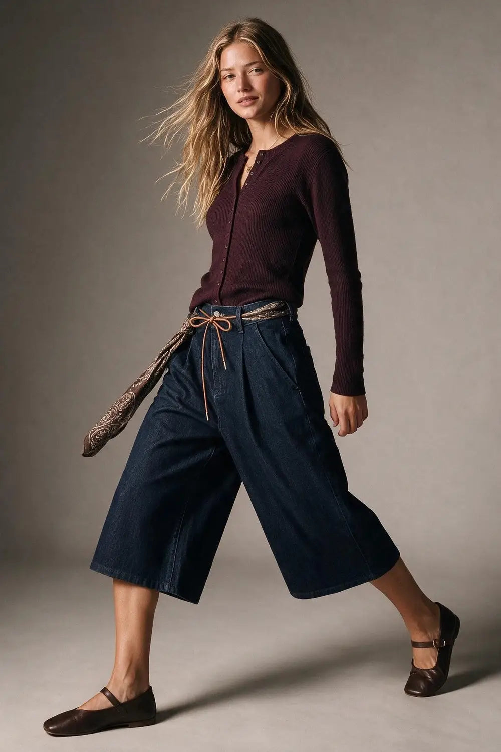 Wide-Leg Mid-Calf Denim Culottes with Tie Belt