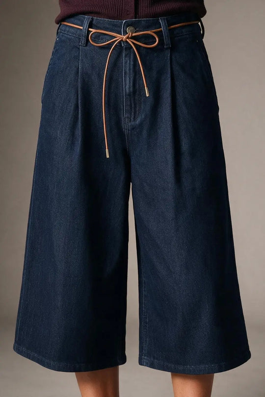 Wide-Leg Mid-Calf Denim Culottes with Tie Belt