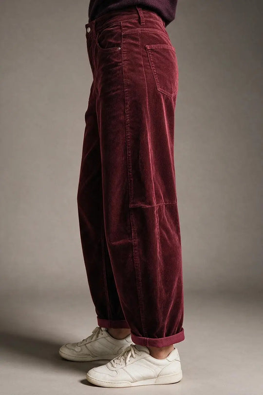Corduroy High Rise wide Barrell leg Pants in burgundy
