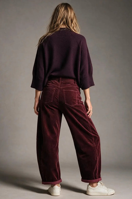 Corduroy High Rise wide Barrell leg Pants in burgundy