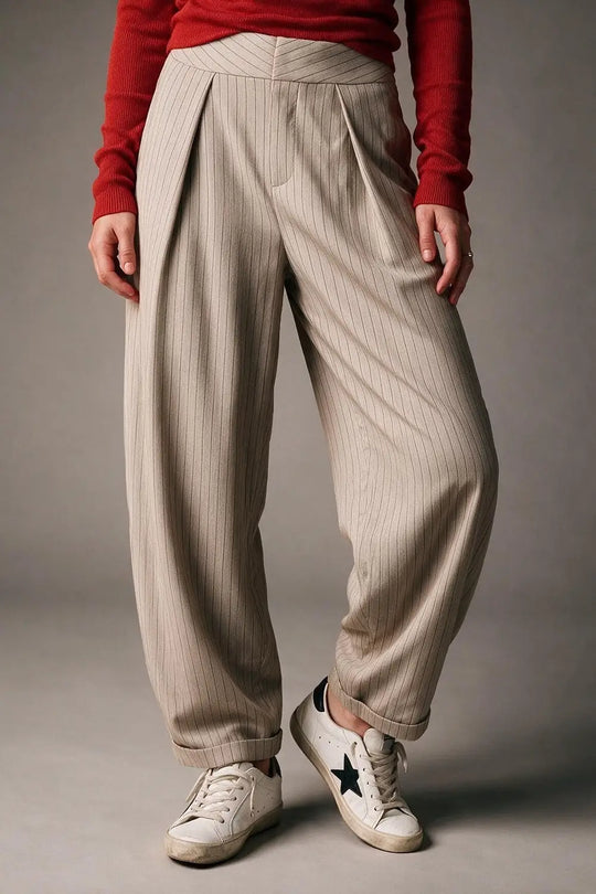 Beige Pinstripe Lightweight Woven High Waist Pleated Pants