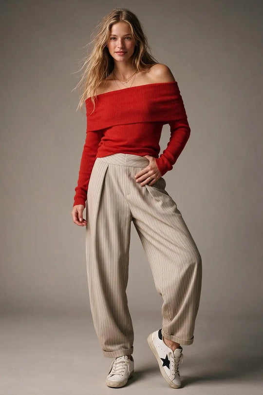Beige Pinstripe Lightweight Woven High Waist Pleated Pants