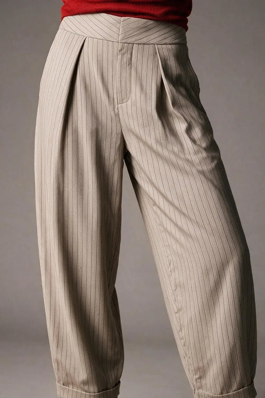 Beige Pinstripe Lightweight Woven High Waist Pleated Pants