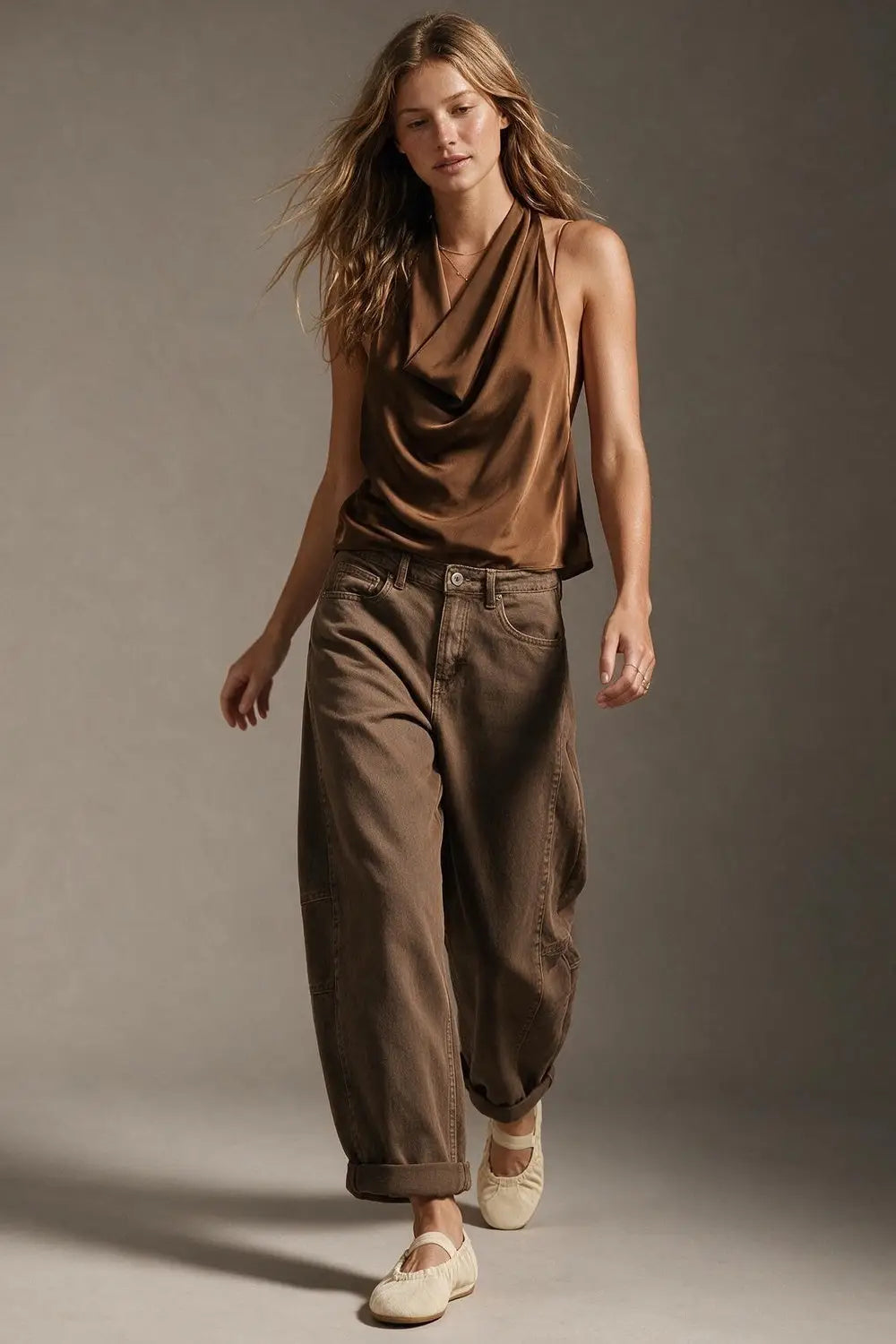 Brown Satin Draped Halter Neck Top