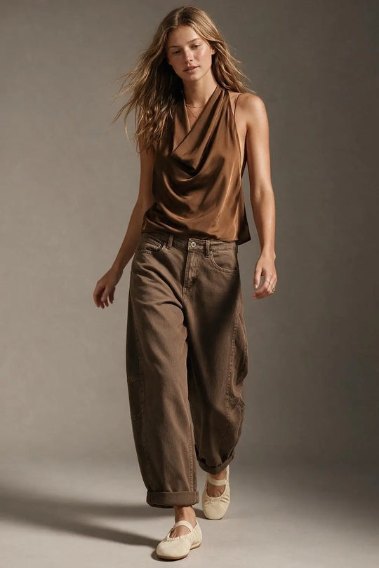 Brown Satin Draped Halter Neck Top