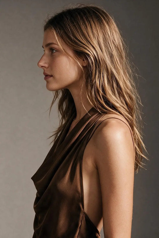 Brown Satin Draped Halter Neck Top