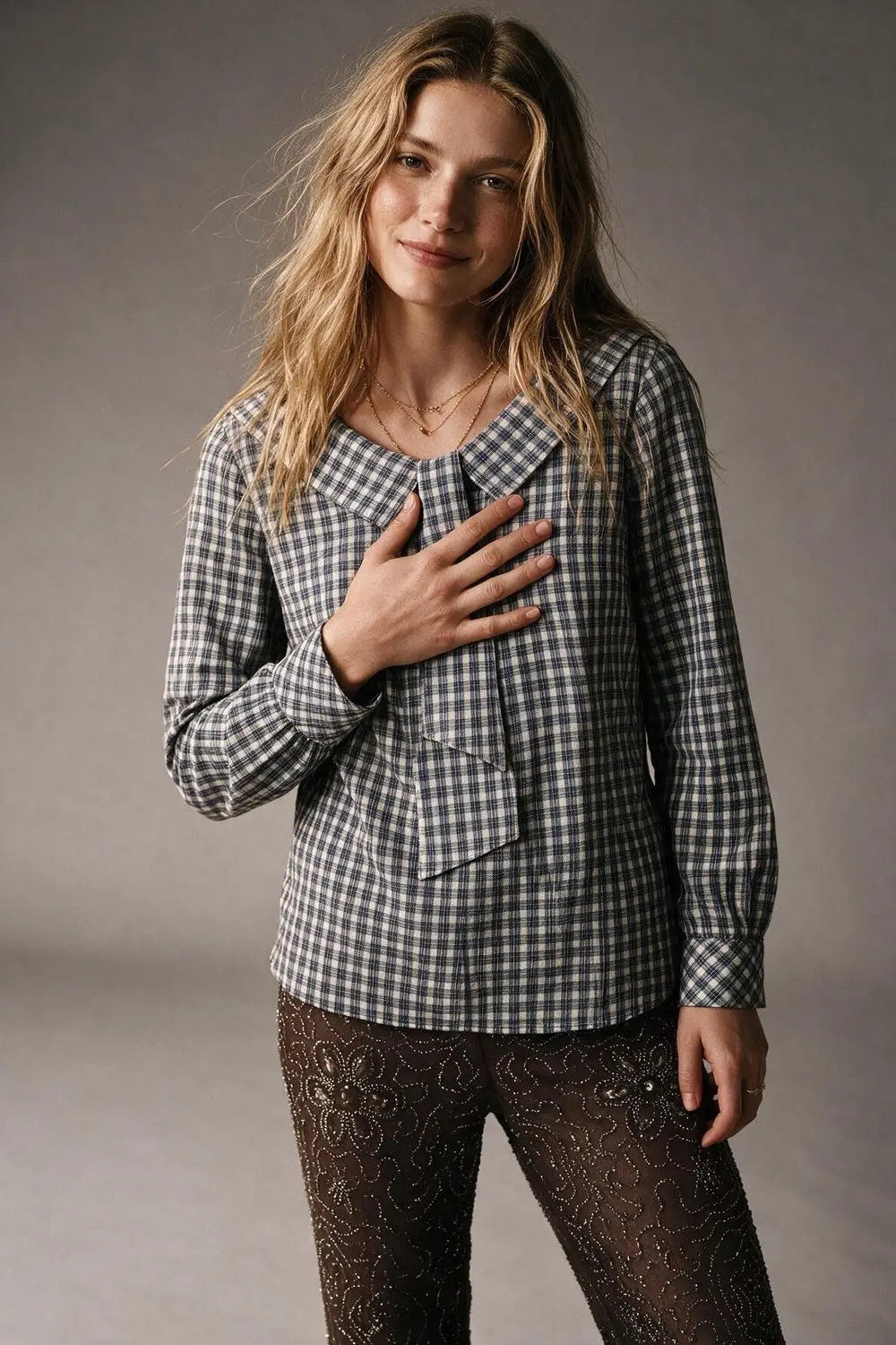 Navy Gingham Cotton Tie Neck Regular Fit Blouse