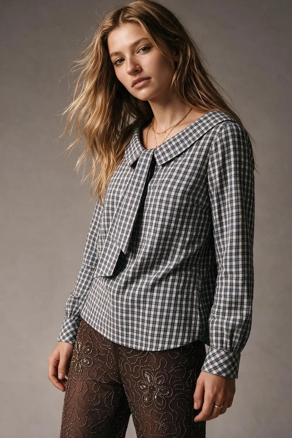 Navy Gingham Cotton Tie Neck Regular Fit Blouse