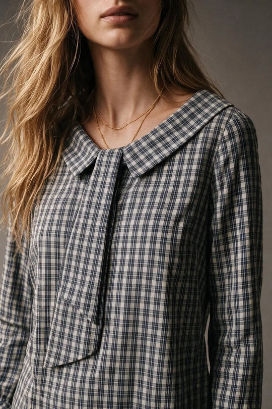 Navy Gingham Cotton Tie Neck Regular Fit Blouse