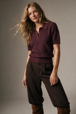 Waffle Knit Button-down Short Sleeve Polo in Burgundy