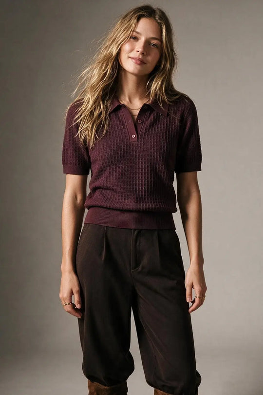 Waffle Knit Button-down Short Sleeve Polo in Burgundy
