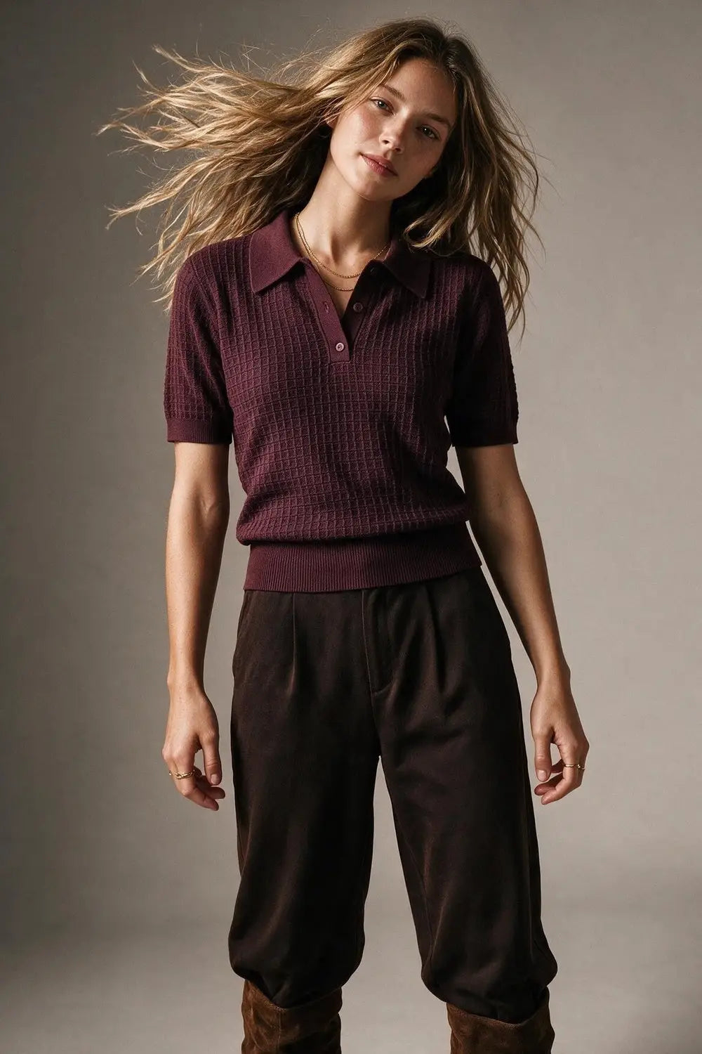 Waffle Knit Button-down Short Sleeve Polo in Burgundy
