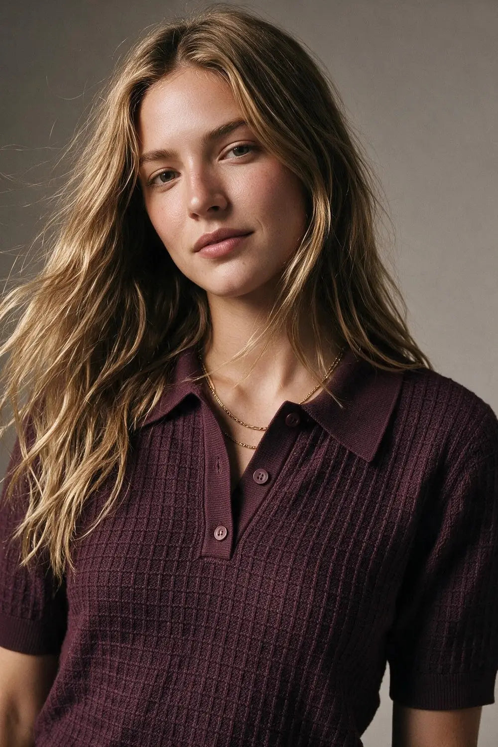 Waffle Knit Button-down Short Sleeve Polo in Burgundy