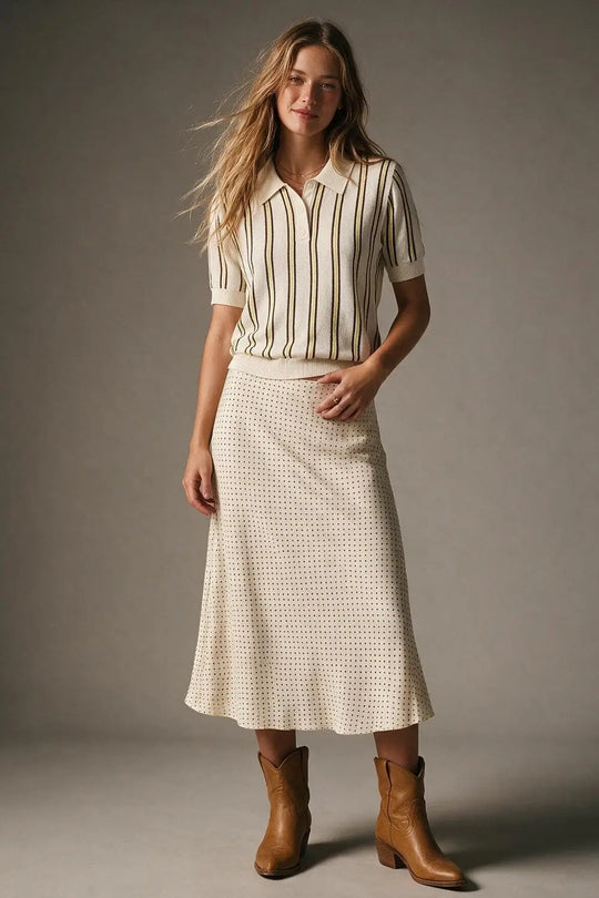 Cream Stripe Fine Knit Button-up Polo
