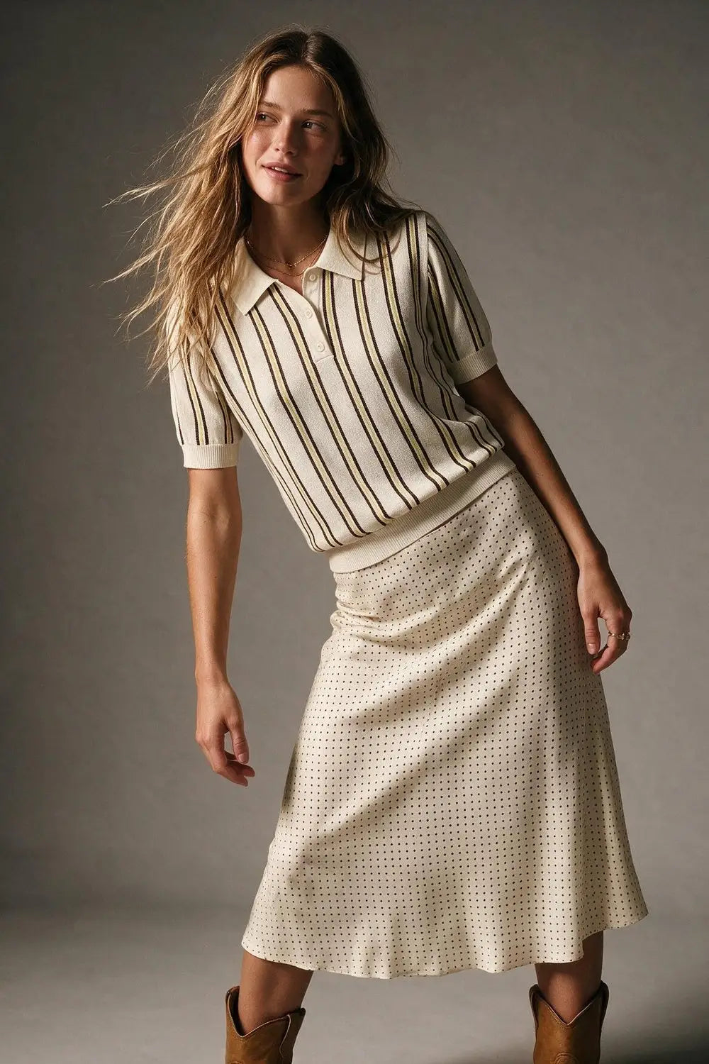 Cream Stripe Fine Knit Button-up Polo