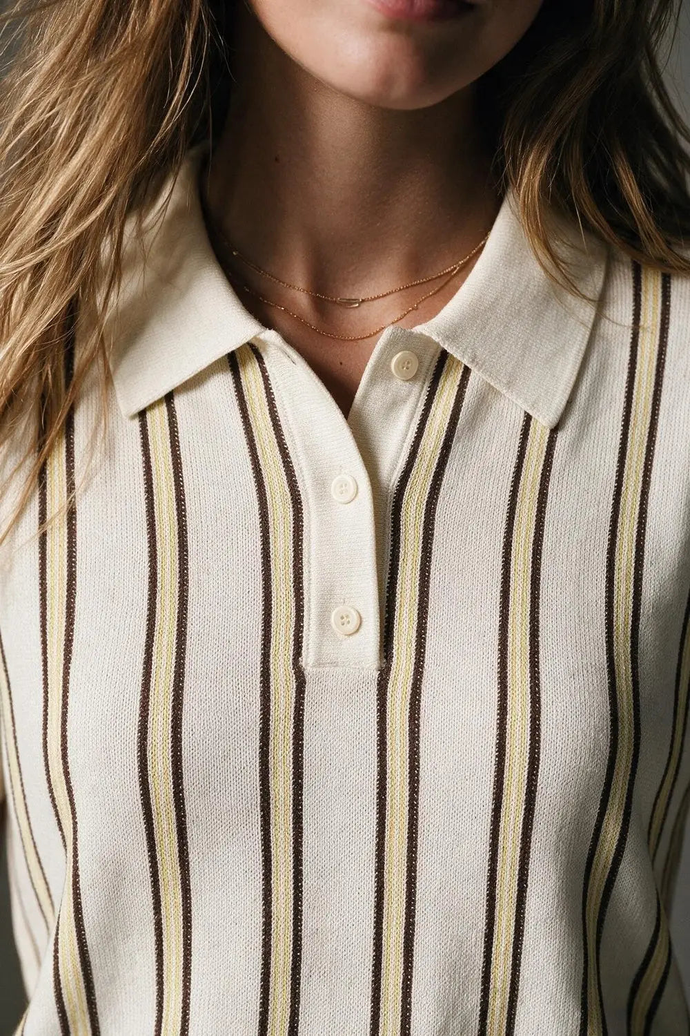 Cream Stripe Fine Knit Button-up Polo