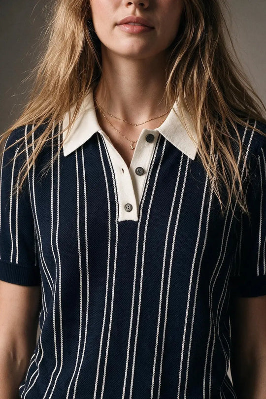 Navy Fine Knit Striped Contrast Polo Shirt With Short Sleeves