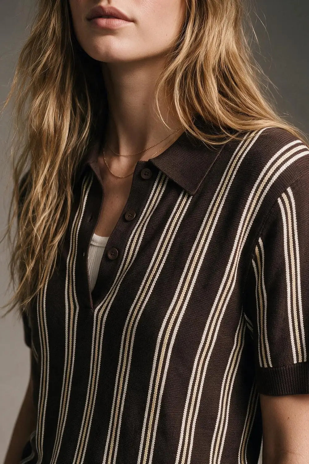 Brown Contrast Striped Fine Knit Polo Shirt