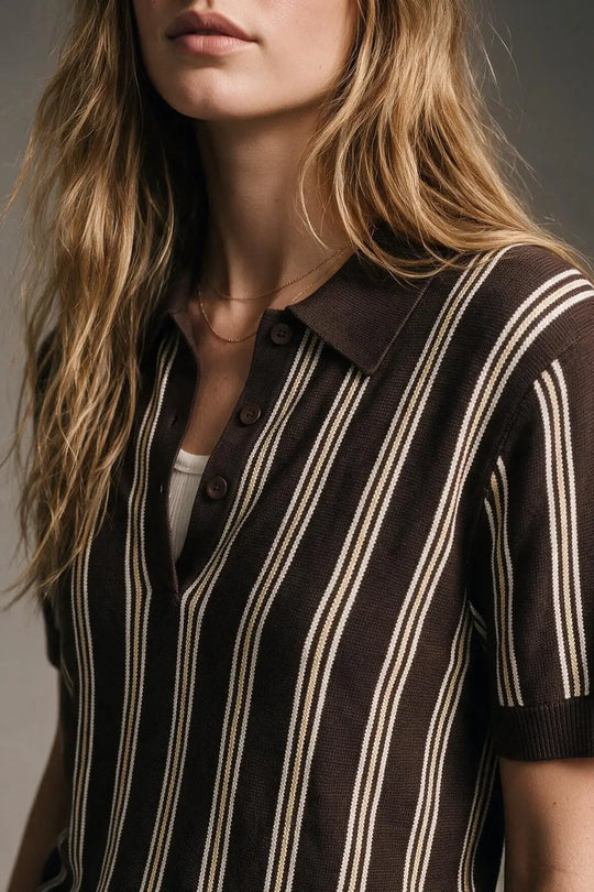 Brown Contrast Striped Fine Knit Polo Shirt