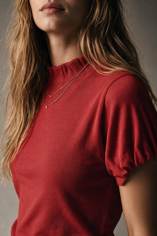 Red Fine Knit Pleated Mock Neck Short Sleeve Sweater