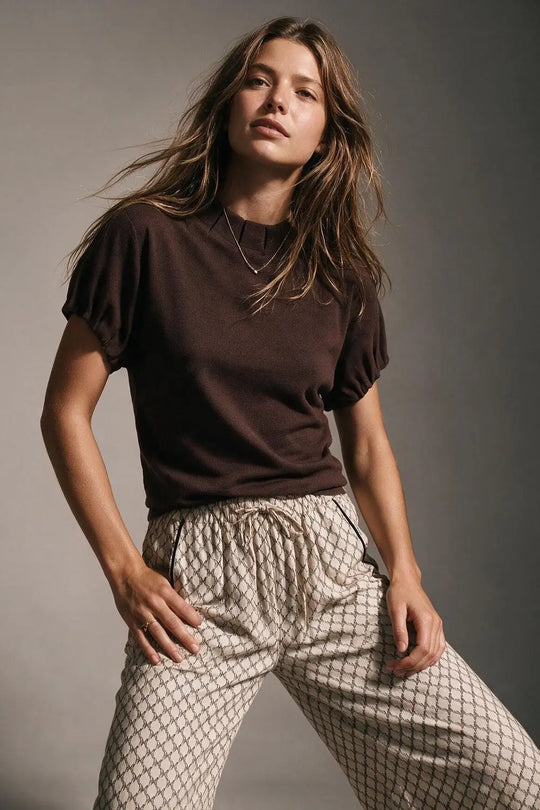Brown Fine Knit Pleated Mock Neck Short Sleeve Sweater
