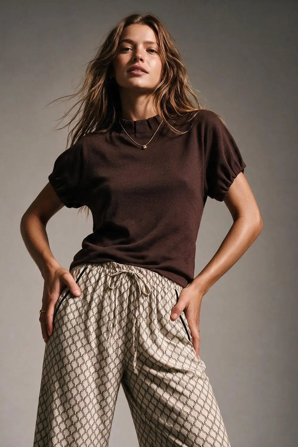 Brown Fine Knit Pleated Mock Neck Short Sleeve Sweater