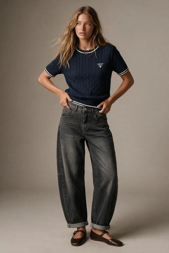 Navy Cable Knit Contrast Trim Short Sleeve Sweater